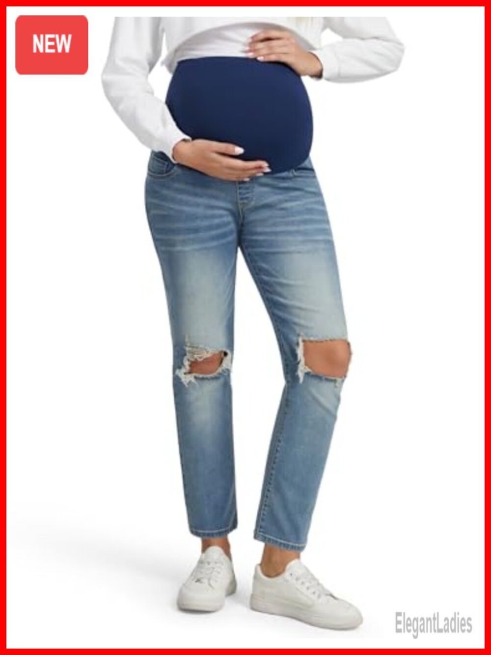 Ripped Maternity Jeans Full Belly Panel Straight Leg Pull On Stretch Denim
